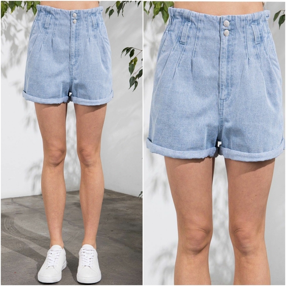 Aaron & Amber Pants - Aaron & Amber Washed Light Denim Blue High Waisted Paperbag Shorts